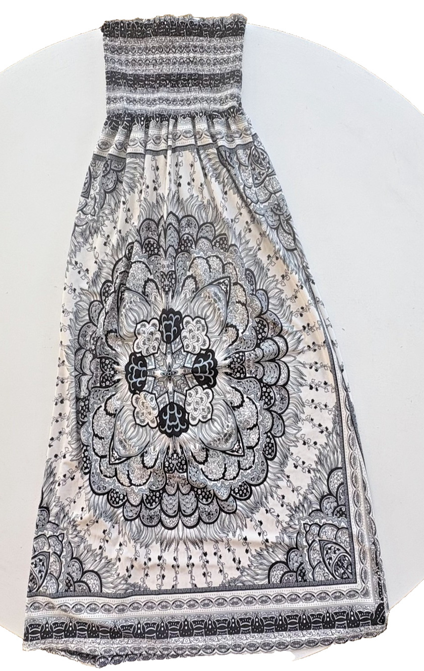 She's Cool Strapless Smocked Maxi Dress Medium paisley Black Blue Off-White Boho